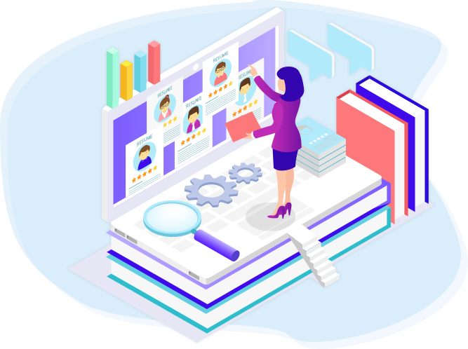 Illustrator-style illustration of a person reviewing multiple resumes on a laptop screen, with gears, books, and a magnifying glass nearby suggesting job search and evaluation.